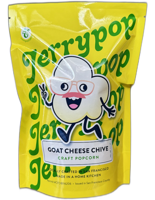 Photograph of a bag of Goat Cheese Chive craft popcorn