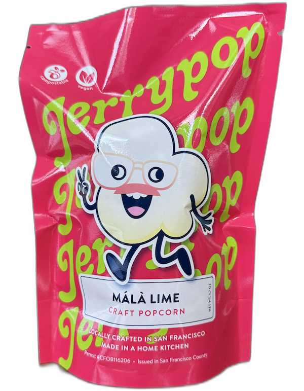 Photograph of a bag of Málà Lime craft popcorn