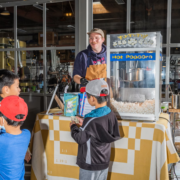 Jerry Haagsma serves his popcorn, Jerrypop, at an event at Harmonic Brewing in San Francisco on February 18 2023.